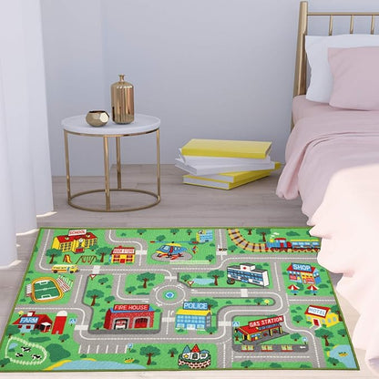 Kids Play Rug for Playroom 5.2x3.3 ft Town City Road Map Car Mat Play Mat Educational Learning Carpet Area Rug for Boy Girl Toddler Bedroom Playroom - LeafyLoom