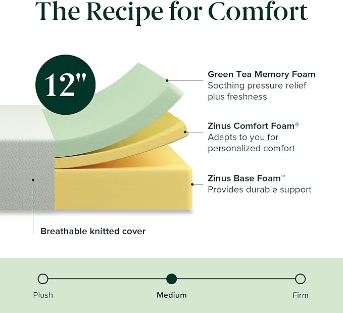 ZINUS 12 Inch Green Tea Memory Foam Mattress [New Version], King, Fiberglass free, Medium Firm Feel, Zoned Pressure Relief, Certified Safe Foams & Fabric, Mattress in A Box - LeafyLoom