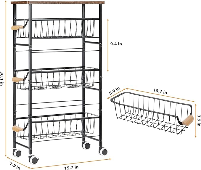 4-Tier Slim Storage Cart, Kitchen Rolling Utility Cart Bathroom Organizer Laundry Room Organization Mobile Shelving Unit with Slide-Out Metal Wire Baskets, Wooden Tabletop & Wheels for Narrow Space - LeafyLoom