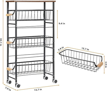 4-Tier Slim Storage Cart, Kitchen Rolling Utility Cart Bathroom Organizer Laundry Room Organization Mobile Shelving Unit with Slide-Out Metal Wire Baskets, Wooden Tabletop & Wheels for Narrow Space - LeafyLoom