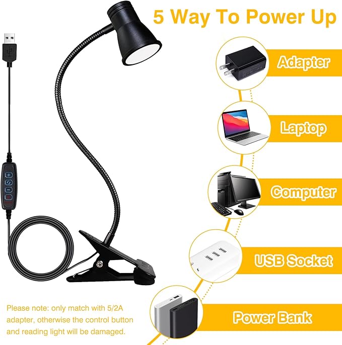 Clip on Light Reading for Bed LED Desk Lights 3 Color Modes 10 Brightness USB Lamp Eye Care 360° Flexible Gooseneck Dimmable for Headboard Computer Read Books Task Lamps with Adapter Bookmark(Black) - LeafyLoom