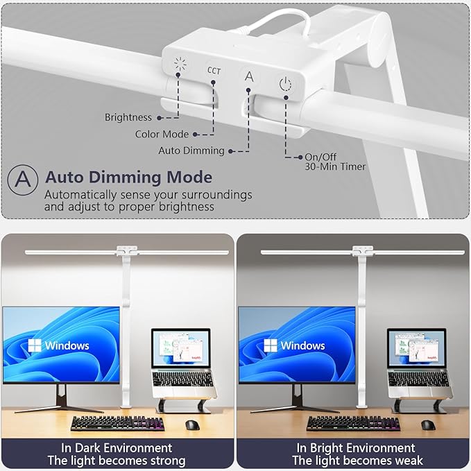 KableRika Desk Lamp,Double Head Desk Lamp with Clamp,24W Led Desk Lights for Home Office Ultra Bright Architect Table Lamp 4 Brightness 4 Color,Auto Dimming Task Lamp for Monitor Work Study White - LeafyLoom