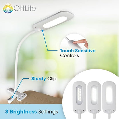 OttLite Flexible Soft Touch LED Clip Lamp with ClearSun LED Technology - Sturdy Clip Light is Dimmable & Flexible - Travel-Friendly & Portable Reading Lamp for Home, Desks, Tables, & Bookshelves - LeafyLoom