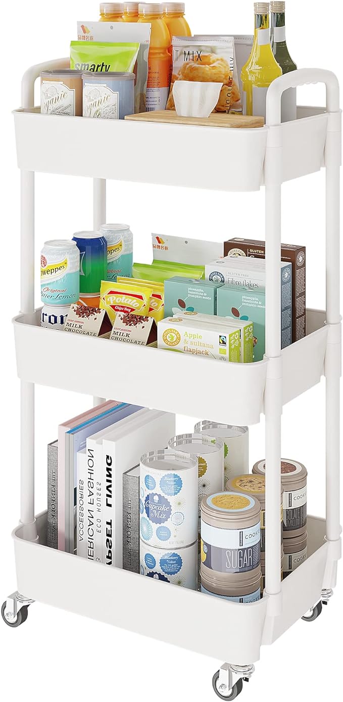 3-Tier Storage Cart,Multifunction Kitchen Storage Organizer,Mobile Shelving Unit Utility Rolling Cart with Lockable Wheels for Bathroom,Laundry,Living Room,With Classified Stickers,White - LeafyLoom