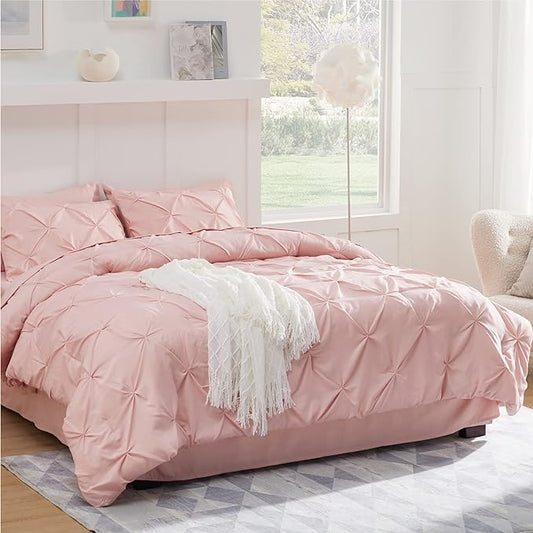 Bedsure Pink Comforter Set Queen - Bed in a Bag Queen 7 Pieces, Pintuck Bedding Sets Pink Bed Set with Comforter, Sheets, Pillowcases & Shams - LeafyLoom