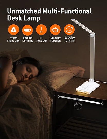 LED Desk Lamp, Desk Lamp with Wireless Charger, Dimmable Eye-Caring Table Lamps with Night Light, USB Charging Port, 4 Color Modes, 4 Brightness Levels, Memory Function, Desk Light for Home Office - LeafyLoom