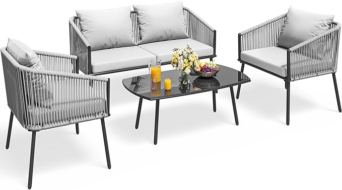 YITAHOME 4-Piece Patio Furniture Outdoor Bistro Set, All Weather Double Gray Rope Conversation Loveseat for Backyard, Balcony, Deck with Soft Cushions and Metal Table (Gray) - LeafyLoom