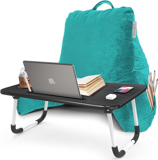 Clara Clark Reading Pillow with Portable Lap Desk for laptop Set, Back Pillow for Sitting Up in Bed, Memory Foam Back Support Pillow, Bed Rest Pillow with Foldable Laptop Desk, Standard - Teal - LeafyLoom