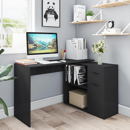 L-Shaped Rotating Computer Desk with Storage Shelves 68 inch Home Office Desk Corner with Drawers and File Cabinet Multipurpose Study Writing Table for Bedroom Small Space Black - LeafyLoom