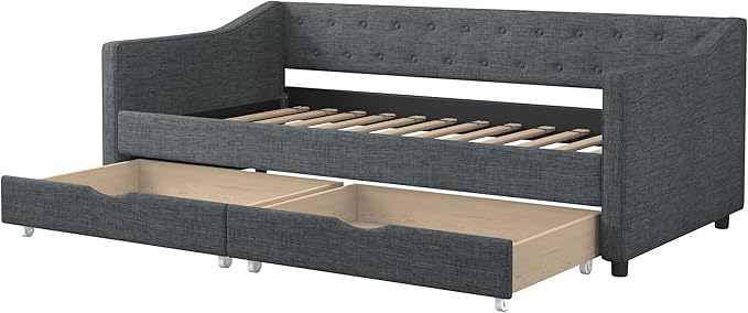 Twin Size Daybed with 2 Drawers, Upholstered Tufted Sofa Bed with Button on Back and Piping on Waved Shape Arms for Bedroom, Apartment, Living Room, Wooden Slats Support, Dark Grey - LeafyLoom