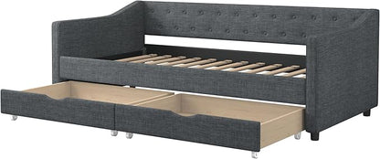 Twin Size Daybed with 2 Drawers, Upholstered Tufted Sofa Bed with Button on Back and Piping on Waved Shape Arms for Bedroom, Apartment, Living Room, Wooden Slats Support, Dark Grey - LeafyLoom