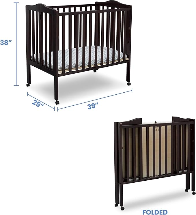 Delta Children Folding Portable Mini Baby Crib with 1.5-inch Mattress, Dark Chocolate - LeafyLoom