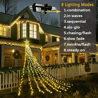 Christmas Lights Outdoor, Aokudoni 12.6ft 8-Lighting Modes Waterfall Lights for Christmas, Outdoor Christmas Decorations for Yard, Christmas Lights for Tree House Holiday Party, Warm White Aokudoni