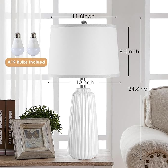 Ceramic Table Lamps Set of 2, 25Inch Modern White Table Lamps for Bedroom Living Room with 3 Color Temperature - 3000K/4000K/6000K, Coastal Lamps for Nightstand Bedside with 2 LED Bulbs, 9W - LeafyLoom