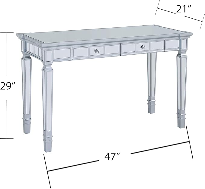 SEI Furniture Glenview Glam Mirrored Writing Desk w/ Drawers, Matte Silver - LeafyLoom