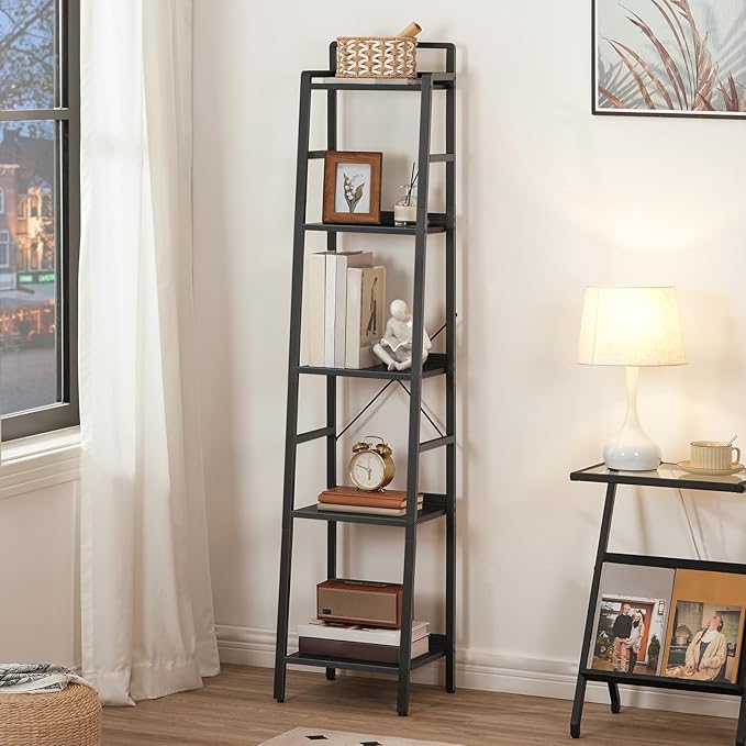 HOOBRO Bookcase, 5-Tier Narrow Bookshelf, Industrial Ladder Shelf, Skinny Bookshelf for Small Spaces, Corner Storage Shelf for Home Office, Living Room, Black BB35SJ01 - LeafyLoom