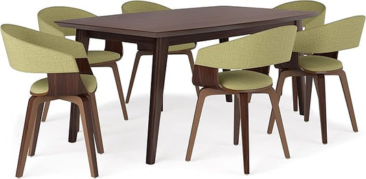 SIMPLIHOME Lowell / Draper Mid Century Modern 7 Pc Dining Set with 6 Upholstered Bentwood Dining Chairs in Acid Green Linen Look Fabric and 66 Inch Wide Table, For the Dining Room and Kitchen - LeafyLoom