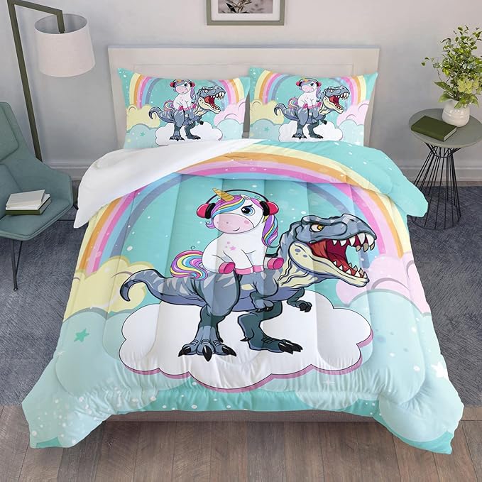 Unicorn Comforter Set 3Pcs Cartoon Dinosaur Kids Bedding Set Rainbow Cloudy Star Bed Set with 1 Comforter and 2 Pillowcases - LeafyLoom