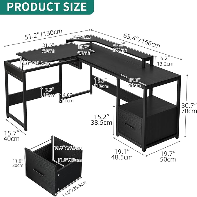 YITAHOME L Shaped Desk with File Drawer, 65" Large Computer Desk Corner Desk with Lift Top, Standing Desk Height Adjustable with Monitor Stand & Storage Shelves for Home Office, Black - LeafyLoom