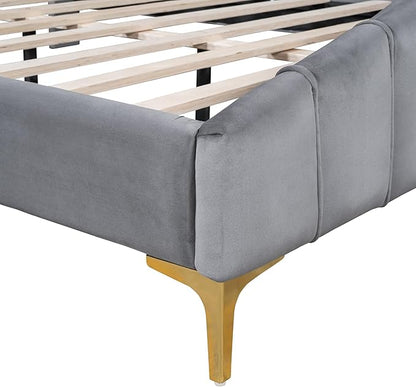 RITSU Queen Size Velvet Platform Bed with Thick Fabric, Solid Wood Bedframe Stylish Stripe Decorated Bedboard and Golden Metal Beds Leg, for BedRoom, Children's bedroom, Gray - LeafyLoom