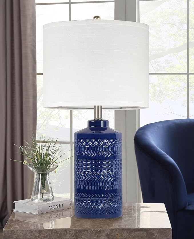 Navy Blue Table Lamp 24.5", Modern Bedside Lamp Blue Ceramic Table Lamps for Living Room 3-Way Dimmable Entryway Lamp Nightstand Lamp Farmhouse Lamp for Home Office Bedroom, Bulb Included - LeafyLoom