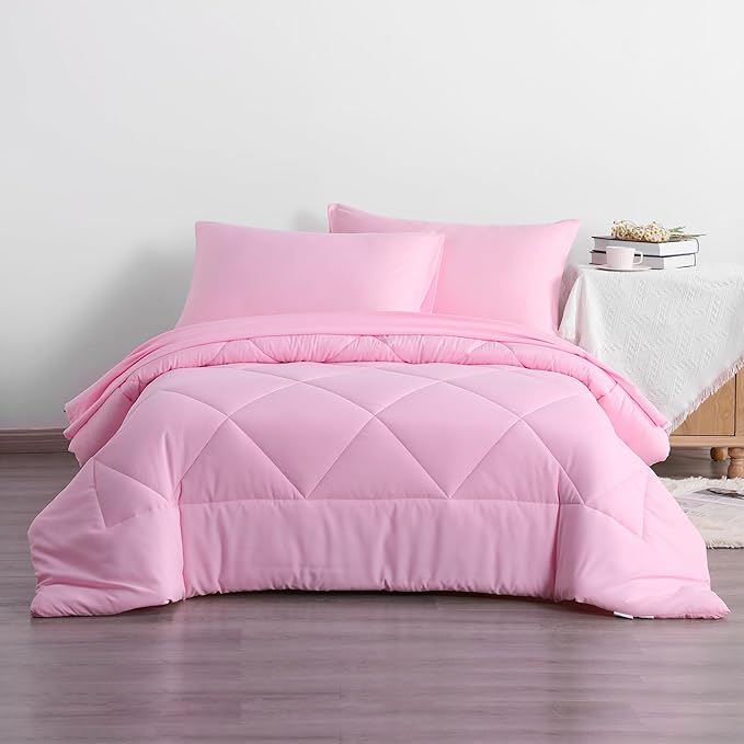 NTBAY Twin Comforter Set with Sheets, 5 Pieces Soft and Breathable Twin Bedding Set, Twin Bed in a Bag, Down Alternative Comforter Set Solid Color All Season, Kids Bedding Set, Pink - LeafyLoom