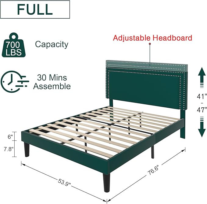 VECELO Full Size Platform Bed Frame with Height Adjustable Upholstered Headboard, Modern Mattress Foundation,Strong Wood Slat Support, No Box Spring Needed, Easy Assembly - LeafyLoom