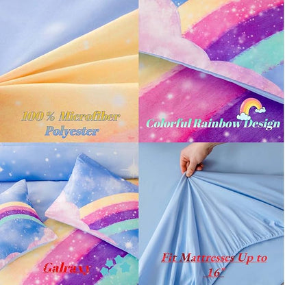 Aqua Blue Full Size Kids Comforter Sets for Girls, 6Pcs Colorful Rainbow Gradient Bedding Set, 3D Glitter Galaxy Bed in A Bag with Comforter, Sheets and Pillowcases for Teens - LeafyLoom