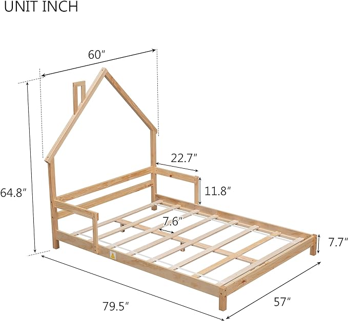 Full Size Bed Frame for Kids,House-Shaped Headboard Kids Bed,Girls Bed with Handrails,Low Platform Bed for Boys Girls,No Box Spring Needed(Natural) - LeafyLoom