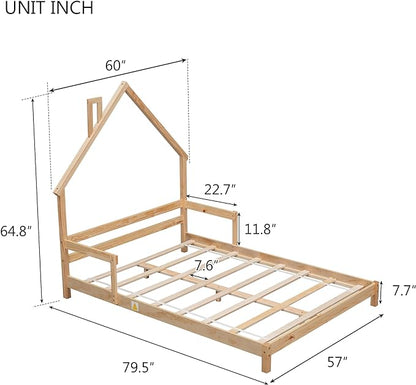 Full Size Bed Frame for Kids,House-Shaped Headboard Kids Bed,Girls Bed with Handrails,Low Platform Bed for Boys Girls,No Box Spring Needed(Natural) - LeafyLoom