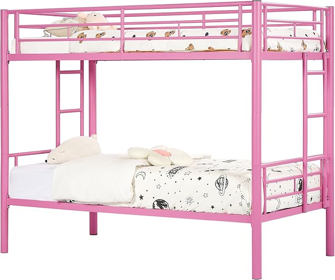 VECELO Metal Bunk Bed Twin Over Twin, Industrial Bunkbeds with Ladder and Full-Length Guardrail, Noise Free, No Boxing Spring Needed, Pink - LeafyLoom