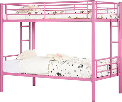 VECELO Metal Bunk Bed Twin Over Twin, Industrial Bunkbeds with Ladder and Full-Length Guardrail, Noise Free, No Boxing Spring Needed, Pink - LeafyLoom