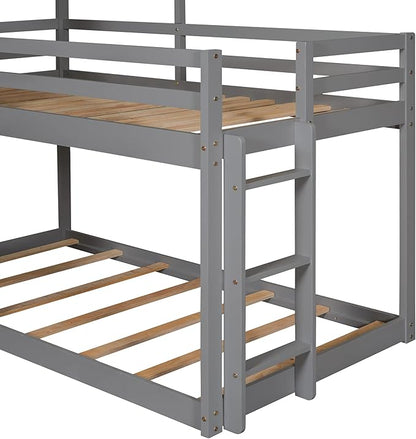 Twin Over Twin House Bed, Solid Wood Bunk Bed with Roof, Window, Guardrail and Ladder for Kids Teens Boys Girls, Ideal Bedroom Furniture, Gray - LeafyLoom