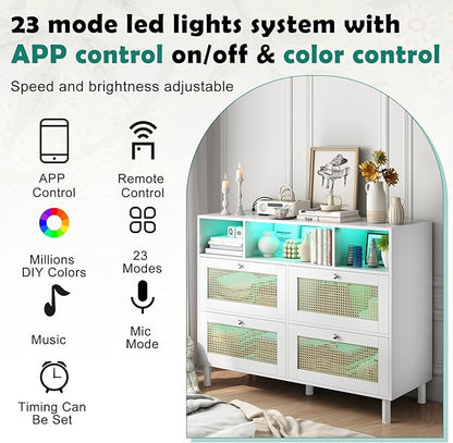 Sideboard Buffet Cabinet, Kitchen Storage Cabinet with Power Outlet & Led Lights, Accent Cabinet with 4 Rattan Doors, White - LeafyLoom