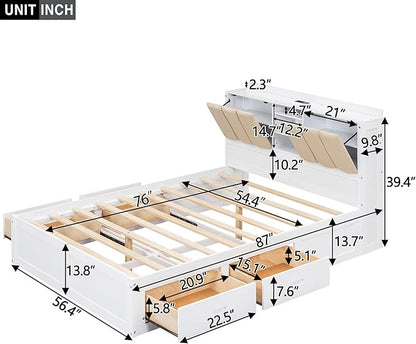 Wood Full Size Platform Bed with Storage Headboard and 4 Drawers, White - LeafyLoom