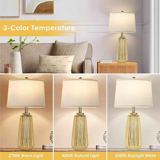 Ceramic Table Lamps Set of 2, 25Inch Modern Gold Table Lamps for Bedroom Living Room with 3 Color Temperature - 3000K/4000K/6000K, Coastal Lamps for Nightstand Bedside with 2 LED Bulbs, 9W - LeafyLoom