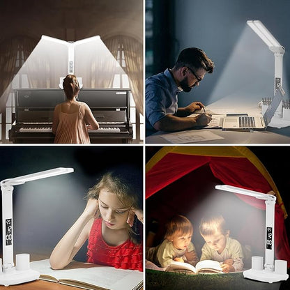 LED Desk Lamp Light with 2 Pen Holders, Time, Date, Temperature Display, Dimmable, 3 Color Modes, Touch Control, Foldable,Eye-Caring Table Lamp for Office Home Reading Study - LeafyLoom