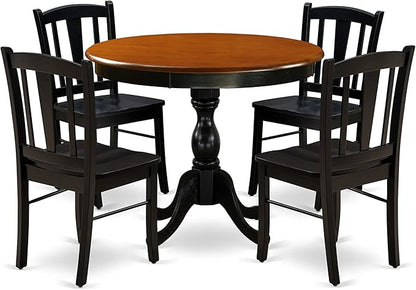 East West Furniture Antique 5 Piece Kitchen Set for 4 Includes a Round Room Table with Pedestal and 4 Dining Chairs, 36x36 Inch, Black & Cherry - LeafyLoom