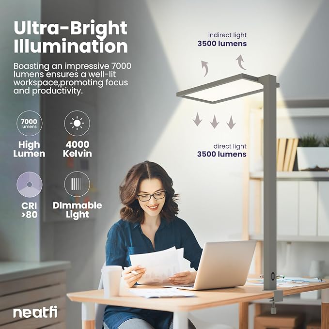 Neatfi 7000 High-Lumens Premium LED Desk Lamp - Touch Controlled, Clamp-on, UltraBright, 4000K Color Temperature, 70W Dimmable Light, Adjustable Head for Home Office and Study (25 Inches, Gray) - LeafyLoom