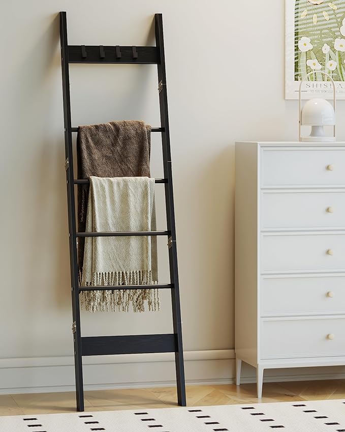 Blanket Ladder Shelf for Living Room, Decorative Wood Quilt Rack with 4 Removable Hooks, 6-Tier Farmhouse Ladder Holder Organizer for Bedroom, Black BR31504B - LeafyLoom