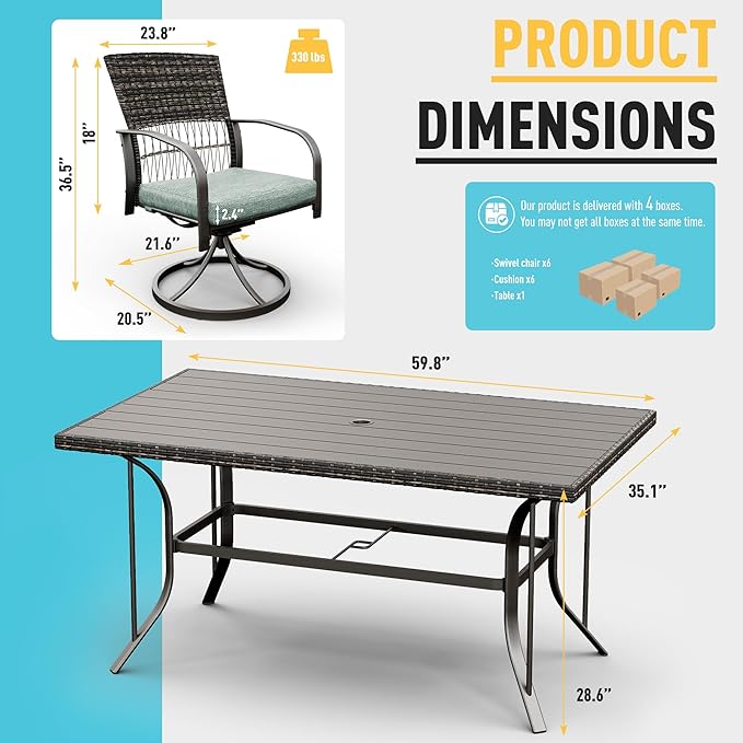 Pamapic 7 Piece Patio Dining Set for 6,Wicker Outdoor Furniture Set for Backyard Garden Deck Poolside with Iron Slats Table Top,6 Cushions Swivel Rocker Chairs,Removable Cushions(Green) - LeafyLoom