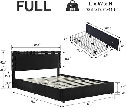 VECELO Full Size Upholstered Platform Bed Frame with 4 Storage Drawers, Adjustable Velvet Rivets Headboard, Wooden Slats Support, No Box Spring Needed, Easy Assembly - LeafyLoom