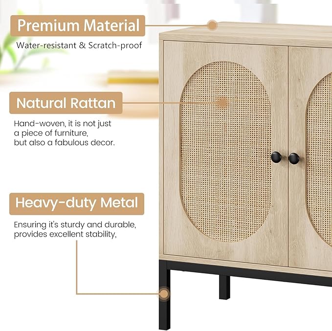 GAOMON Sideboard Buffet Cabinet, Rattan Storage Cabinet, Wood Accent Cabinet with Door and Shelf, Console Cabinet with Storage, Sideboard Cabinet for Hallway, Entryway, Living Room (Natural) - LeafyLoom