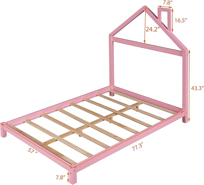 Jintop Full Size Wood Platform Chimney and House-Shaped Headboard,Bedroom Furniture Bed Frame W/ 10 Slat Support,Easy to Install,for Teens Kids Girls Boys,Pink - LeafyLoom