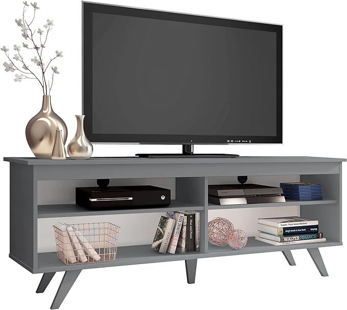 Madesa TV Stand with 4 Shelves and Cable Management, Entertainment Center for TVs up to 65 Inches, Wood, 23'' H x 15'' D x 59'' L – Grey - LeafyLoom