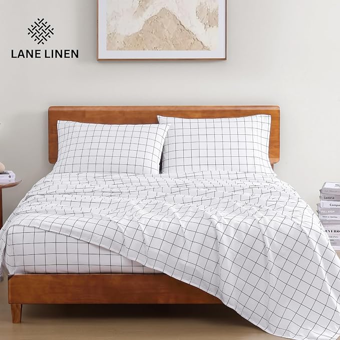 LANE LINEN 100% Organic Cotton California King Sheets Set, 4-Piece Organic Cotton Long Staple Percale Weave Soft Best Bedding Sheets for Bed, Breathable, Fits Mattress Upto 15" - Charcoal Windowpane - LeafyLoom