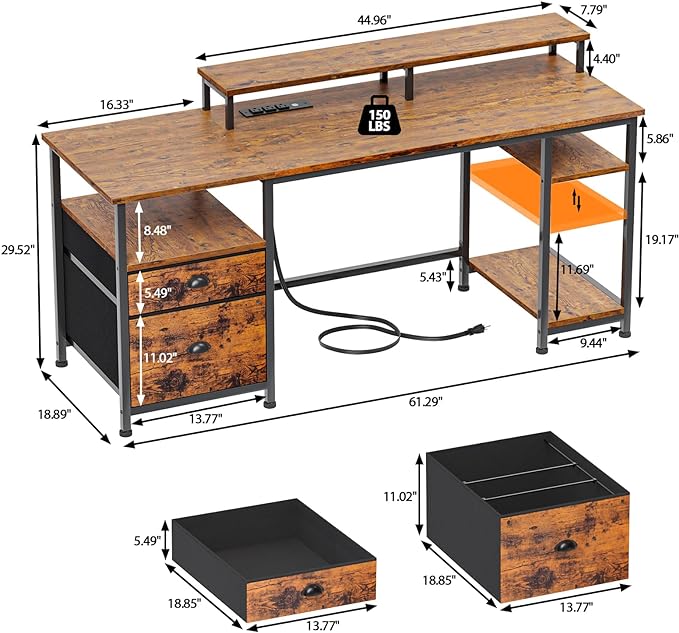 Furologee 61" Computer Desk with Power Outlet and USB Ports, Large Desk with Shelves and Drawer, Writing Study Desk with Fabric File Cabinet and Long Monitor Stand, Gaming Desk for Home Office - LeafyLoom