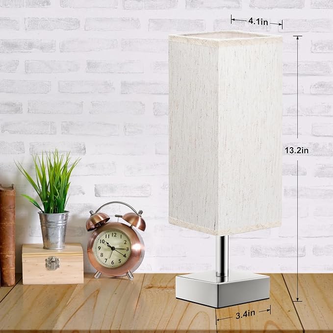 Beige Small Bedroom Lamp for Nightstand - Bedside Table Lamps with Sliver Base, Minimalist Night Stand Lamp with Square Fabric Shade, Desk Reading Lamp for Kids Room Living Room Office - LeafyLoom