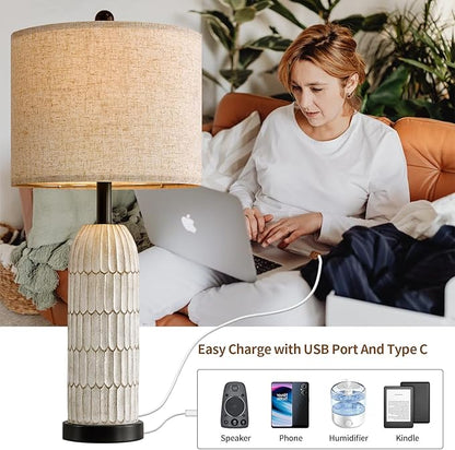 OYEARS 26.5" Table Lamp Set of 2 for Bedroom Living Room with USB A+C Charging Ports Modern Farmhouse Bedside End Lamps Rustic Nightstand Lamps,Black - LeafyLoom