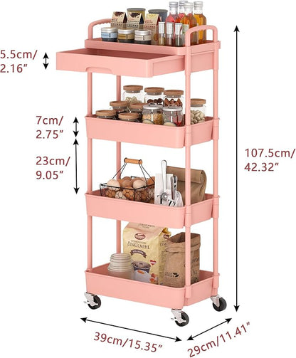 4-Tier Rolling Cart，Trolley with Drawer, Kitchen Storage Organizer with Plastic Shelf & Metal Wheels, Storage Cart for Living Room, Kitchen, Office, Bathroom, Pink - LeafyLoom